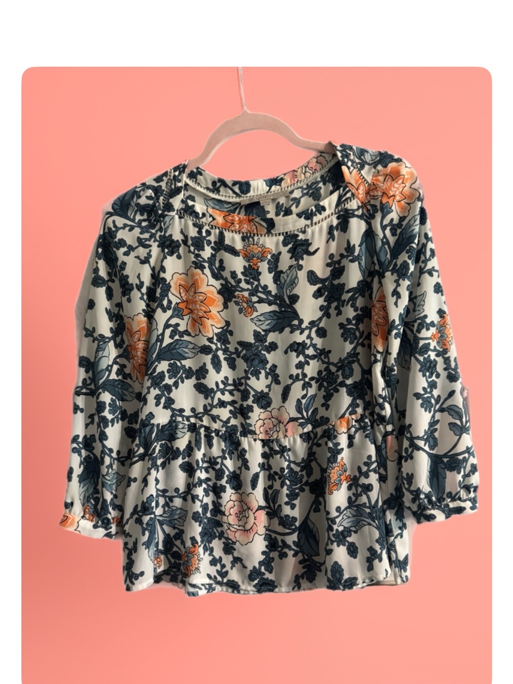 LOFT Cream Blouse with Navy and Orange Floral Print